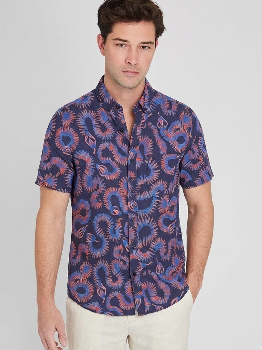 Onia Jack Liberty Linen Blend Snake Print Short Sleeve Casual Shirt Size Small